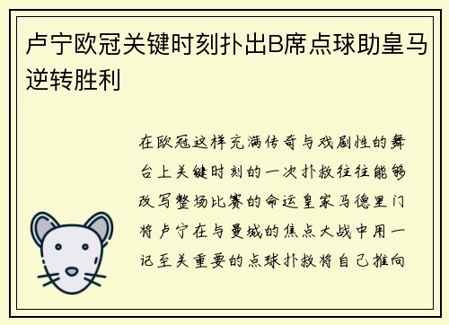 卢宁欧冠关键时刻扑出B席点球助皇马逆转胜利