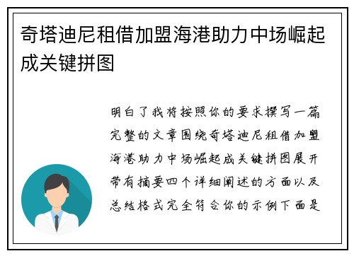 奇塔迪尼租借加盟海港助力中场崛起成关键拼图